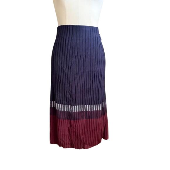 Lauren Ralph Lauren Pleated Midi Skirt Navy Burgundy Modal Silk Blend M - Picture 1 of 6